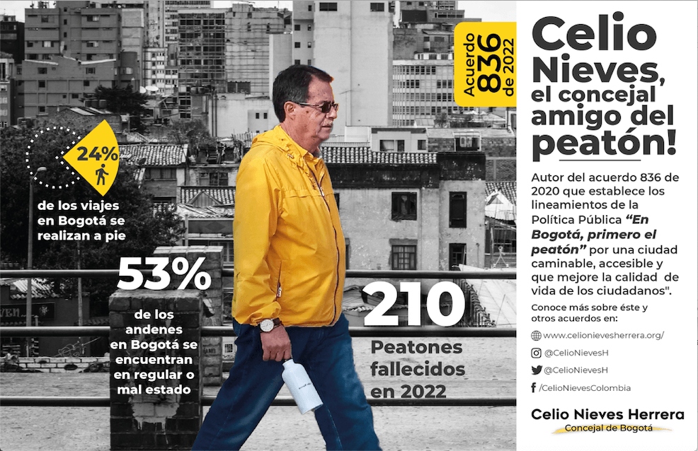 Concejal Celio caminando con chaqueta amarilla y al fondo la ciudad a blanco y negro. Texto que dice "Celio Nieves, el concejal amigo del peatón"