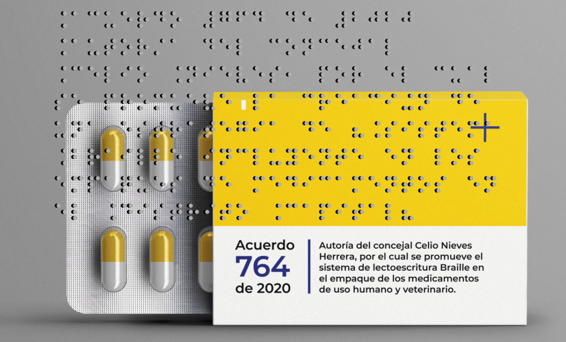 caja de medicamentos en amarillo y blanco que dice "acuerdo 764" y la descripción del acuerdo